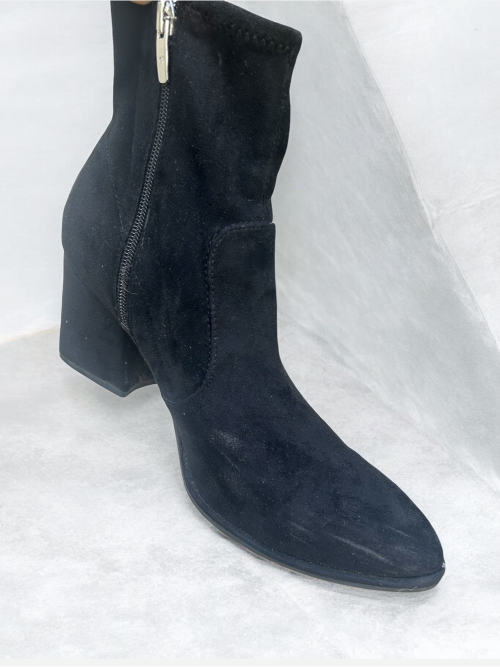 Marc Fisher Black Suede Ankle Booties with Side Zip super cute preloved wear GC!